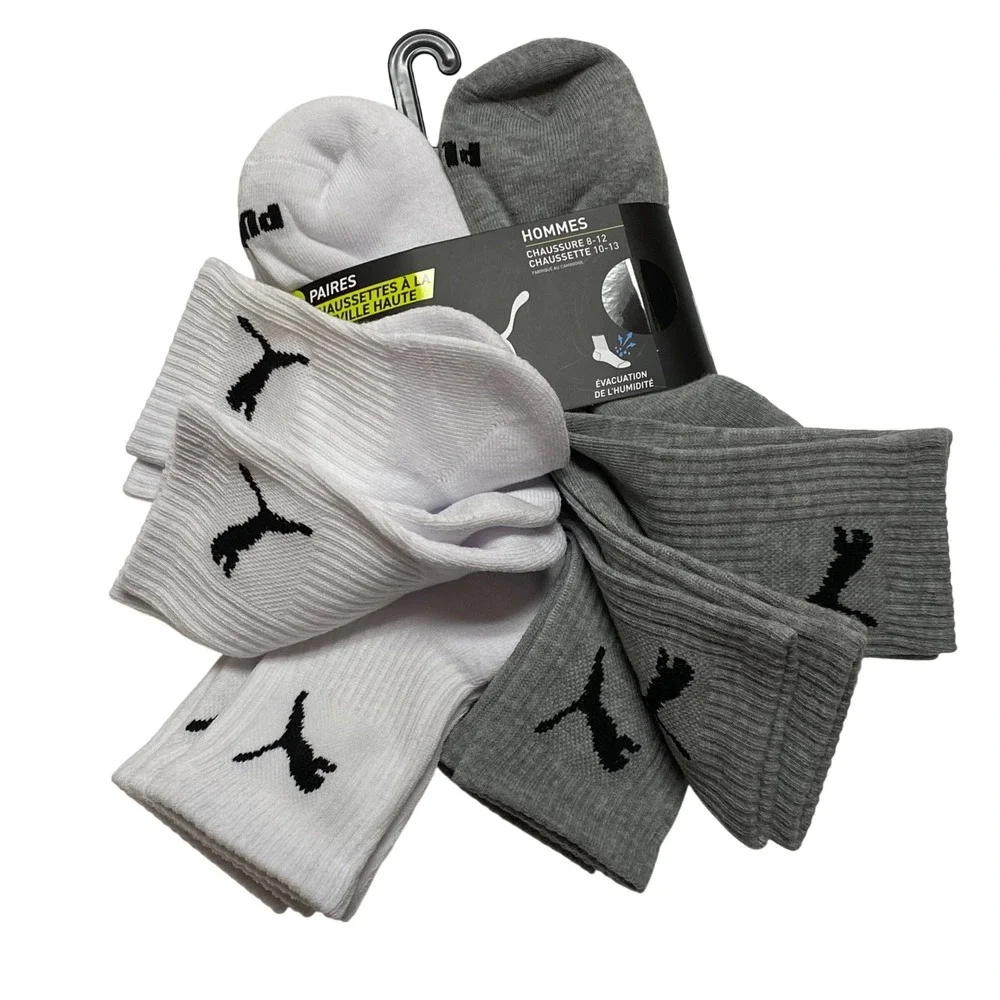 Puma Mens Hi Qtr Socks 8 Pair Pack White Grey Cushione Moisture Wicking 8-12 NWT